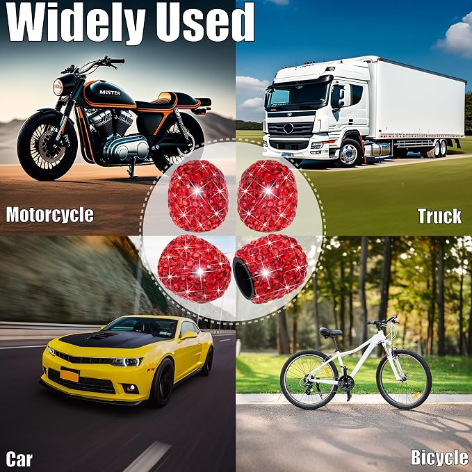 4PCS Bling Crystal Diamond Tire Stem Valve Caps, Dustproof Car Wheel Tire Valve Caps Universal Tire Valve Stem Covers for Cars, SUV, Trucks, Bikes, Motorcycles, Bicycles (Red)