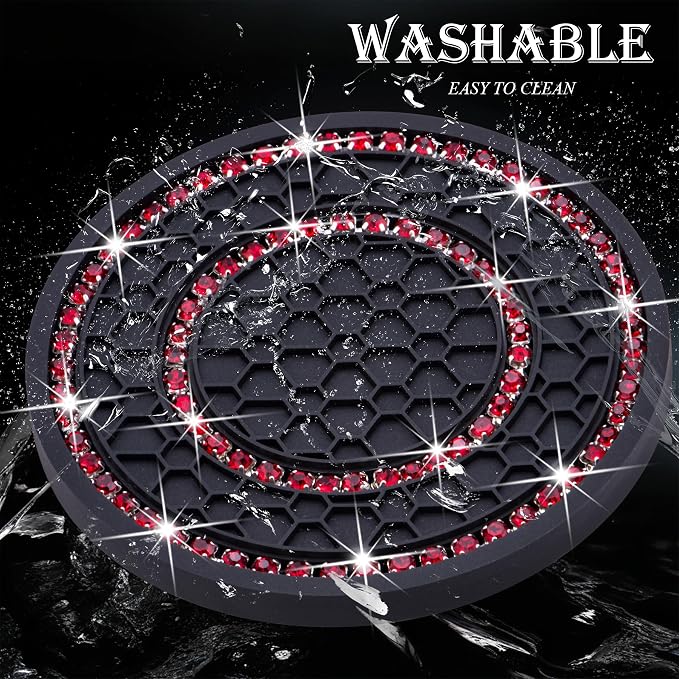 2PCS Bling Crystal Rhinestone Cup Holder Coaster, 2.75 inch Soft Silicone Anti-Slip Shockproof, Car Cup Holder Insert Coasters, Universal Car Interior Accessories for Women (Black & Red)