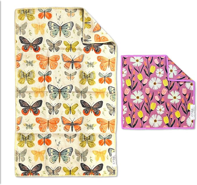 Microfiber Hand Towel & Washcloth Set of 2 - Double-Sided, Waffle Weave, Super Absorbent, Lint-Free, Fast Drying - for Bathroom, Kitchen, Car, and Window Cleaning (Wings & Flower Farm - Purple/Cream)