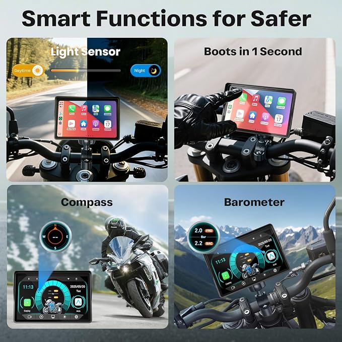 Motorcycle CarPlay Screen with Android Auto – 5” Waterproof GPS, Pantalla para Moto, Apple CarPlay, Navigation System for Motorcycle, Dual 2K Dash Cam Bluetooth Audio & TPMS (No SD Card)