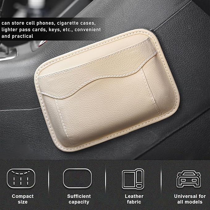 Car Seat Side Pocket Organizer, PU Leather Cell Phone Sunglasses Storage Pocket, Mini Seat Gap Filler Pouch for Auto Seat Door Window Console, Interior Car Accessories (Beige)
