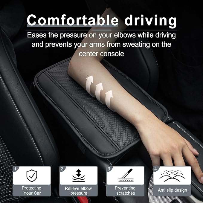Car Center Console Cover, Upgraded Leather Car Armrest Cushion, Universal Waterproof Cushion Pad, Non-Slip Car Interior Accessories, Fits Most Sedans SUVs Trucks (Black Line)