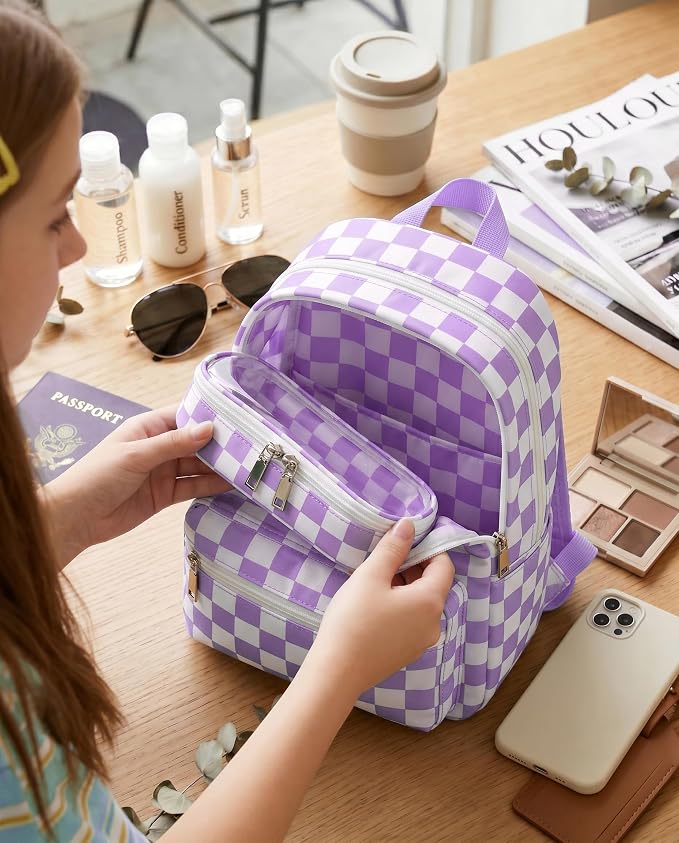 Preppy Checkered Clear Travel Makeup Brush Holder,Purple and Beige Checkered Makeup Brush Toiletry Bag,Portable Cosmetic Brush Case,Transparent Waterproof Makeup Brush Storage Bag