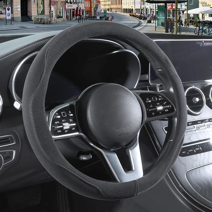 14 inch Gray Suede Steering Wheel Cover, Breathable Non-Slip Sweat-Proof Wear-Resistant No Pilling, Warm in Winter and Cool in Summer