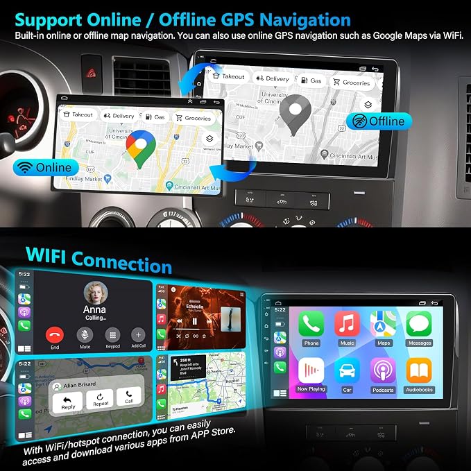 8-core 4+64G Car Stereo Radio for Toyota Tundra 2007-2013, for Toyota Sequoia 2008-2018, 10" IPS HD Touch Screen Radio with Wireless CarPlay/Android Auto/WiFi/GPS/Bluetooth/FM/SWC/Backup Camera/Mic