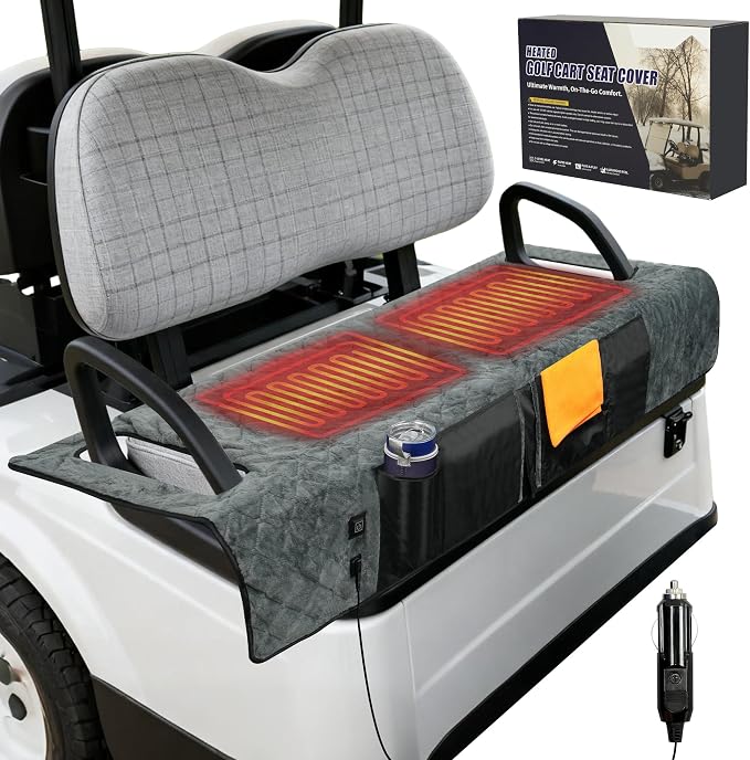 Golf Cart Seat Cover with 12V Car Plug, 50" × 31", Non-Slip Winter Golf Cart Seat Towel Blanket with 2 Front Pockets, Fits for EZGO, Yamaha, Club Car and More 2 Person Seats Golf Carts