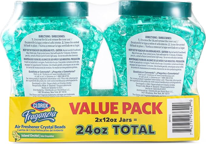 Fraganzia Crystal Beads Air Freshener Twin Pack, Long Lasting Room Deodorizer and Odor Eliminator Gel Beads for Home, Car, or Office, Island Orchid Scent, 24 Fl Oz