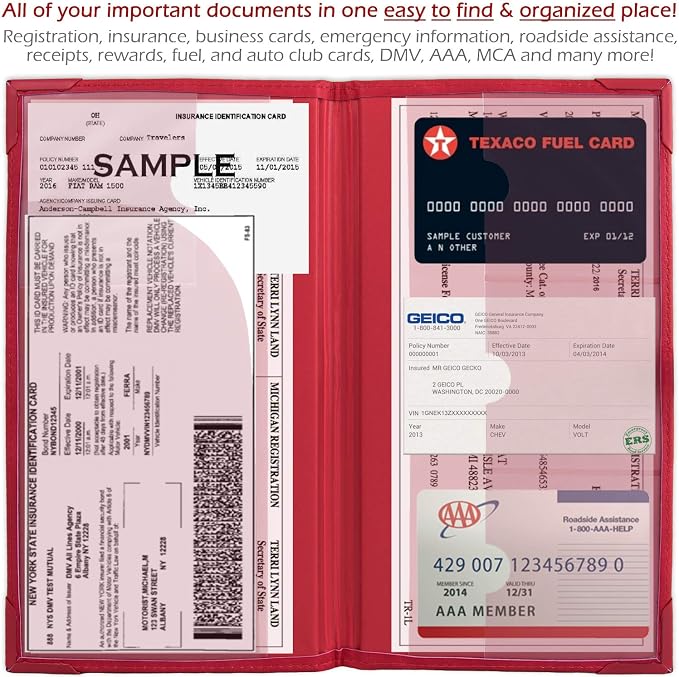 Registration and Insurance Card Holder - Car Organizer - Red | Vehicle Glove Box Document Organizer, Auto Essential Paperwork Holder for Contact Information Cards, Interior Car Accessories