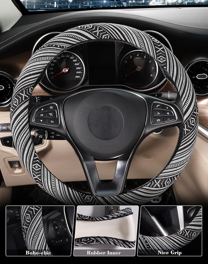 Boho Steering Wheel Cover with Baja Blanket Cloth, Ethnic Style Auto Wheel Cover Made of Coarse Flax, Fits 14 1/2-15 1/4 inches Car Wheel
