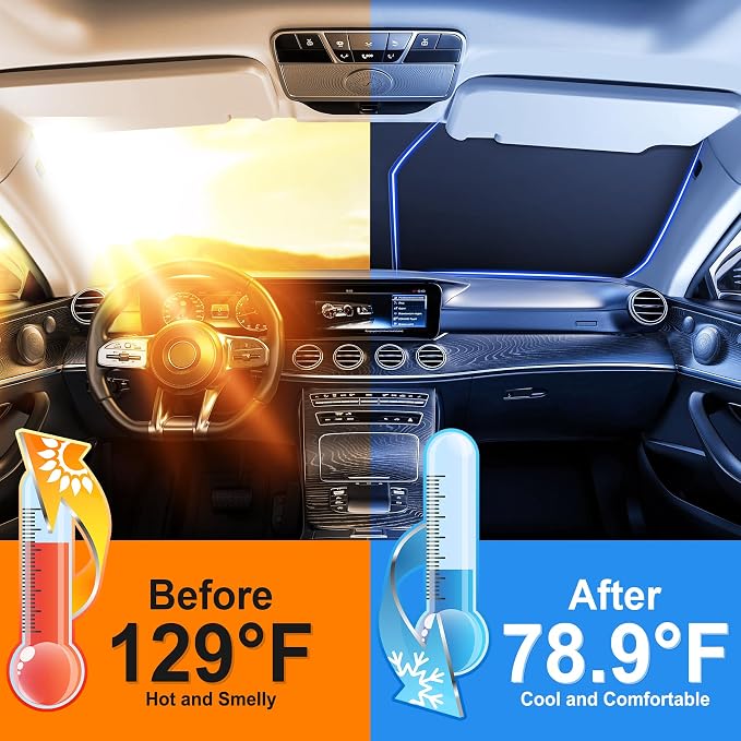 Universal 300T Car Windshield Sun Shade, Foldable Reflective for Windshield & Window Shades with Overlapping Design, Car Interior Accessories (64.5" L x 33" W)