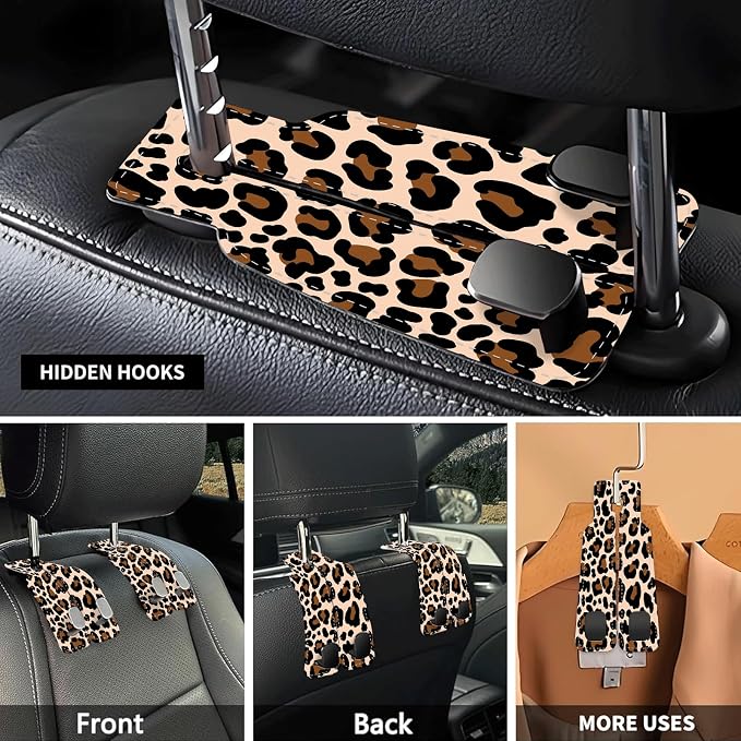 Car Seat Headrest Hook, Universal Leather Cute Hanger Holder Hook, Storage Organizer Interior Accessories for Purse Bags Handbag Luxury Leopard Red