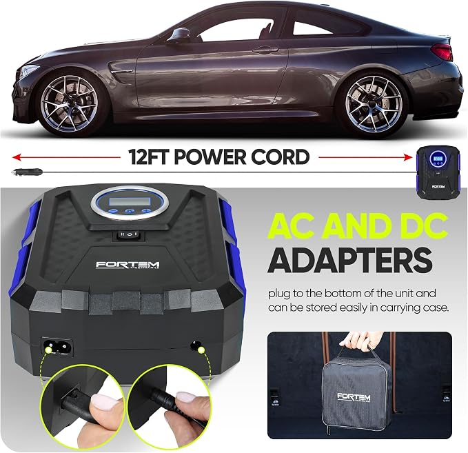 Tire Inflator Portable Air Compressor, Air Pump for Car Tires and Bikes, Car Tire Pump w/Auto Shut Off, 150 PSI, 110V AC 12V DC, LED Light, Carrying Case, Perfect For Men, Women