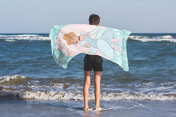 Kids Beach Towel - 100% Cotton Super Soft Absorbent Bath Towel, 28" x 58" Inch Lightweight for Travel, Official Licensed Product, Green - Princess Cinderella
