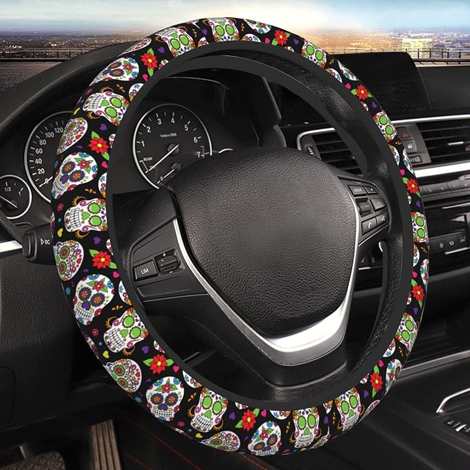 Cool Skull Steering Wheel Cover, Halloween Christmas Steering Wheel Covers, Non-Slip Breathable Neoprene Car Accessories Universal 15 Inch Fit Auto, Suvs, Truck