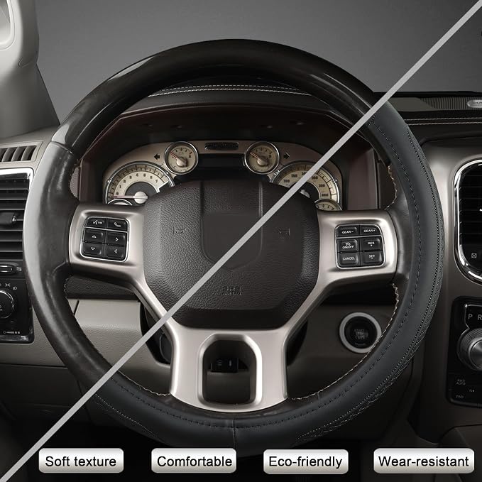 Customized Auto Car Steering Wheel Cover for Dodge RAM 1500 2500 3500, 15.5-16 inch (Black-Large Size)