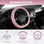 Steering Wheel Cover, Pink Patterned Leather Patchwork Design, Universal Fit 14.5"–15.5" D-Shape Steering Cover, Soft PU Grain Leather, Durable Grip Car Accessory for Girls & Women
