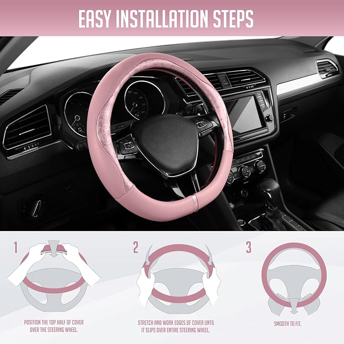 Steering Wheel Cover, Pink Patterned Leather Patchwork Design, Universal Fit 14.5"–15.5" D-Shape Steering Cover, Soft PU Grain Leather, Durable Grip Car Accessory for Girls & Women