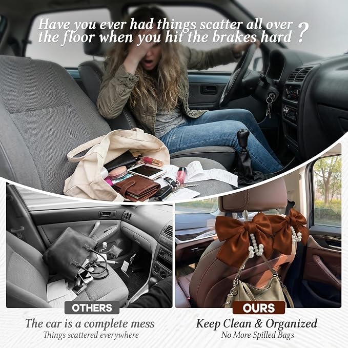 2PCS Satin Bow Pearl Car Seat Headrest Hooks – Car Bag Holder & Vehicle Hanger for Purses – Cute Coquette Aesthetic Interior Decoration – Cute Auto Organizer Accessories Universal (Woody Brown)