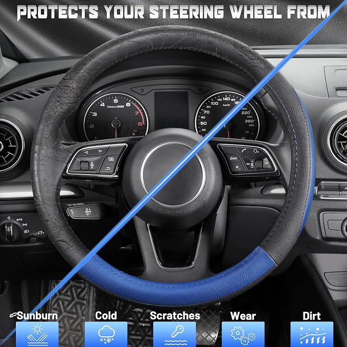 Car Steering Wheel Cover for Prius Civic Model 3 Model Y Camaro, Small Size 14-14.25 inch, Black and Blue Microfiber Leather