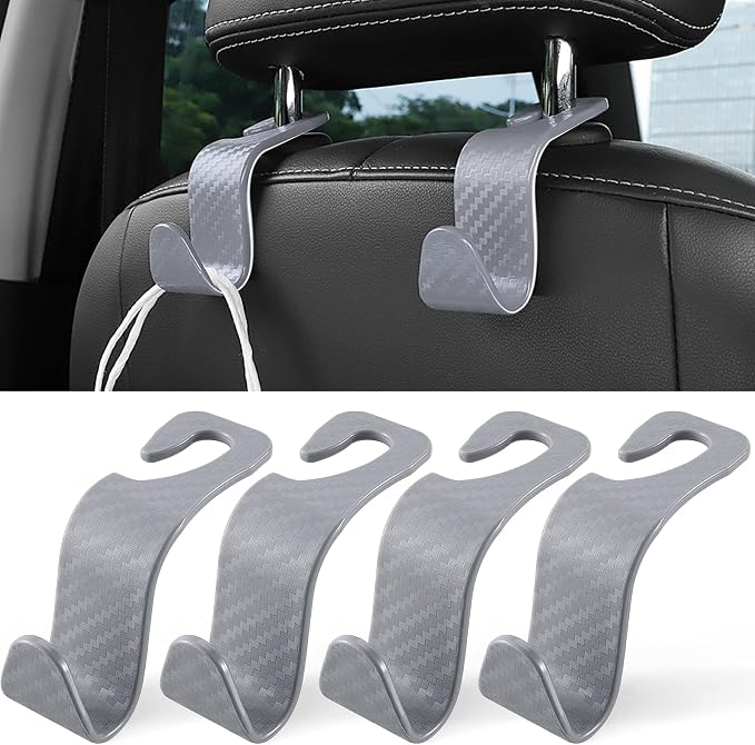 Car Purse Hook, 4 Pack Universal Auto Seat Headrest Hook Hangers Organizer for Coats, Umbrellas, Groceries - Carbon Fiber Gray