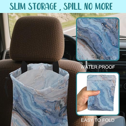 Car Garbage Bag Abstract Blue and Gold Marble Hanging Canvas Car Trash Bag Waterproof Drawstring Car Back Seat Organizer for Car Back Front Seat Console with Adjustable Buckle