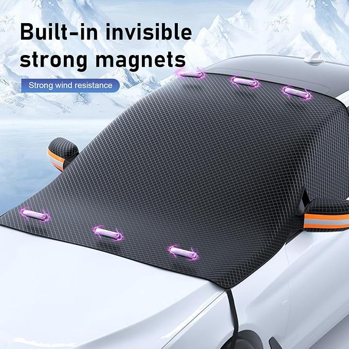 All-Season Car Windshield Frost Shield, Heat Blocking Car Windshield Weather Cover with Reflective Strips, Adsorption Design Front Window Ice Snow Shield, Universal for Most Cars (Black)