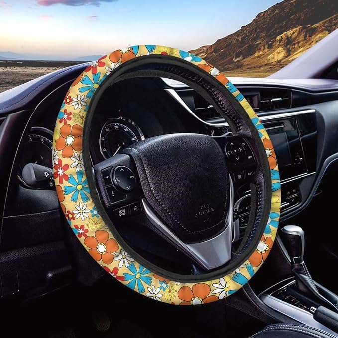 Groovy Hippie Flower Pattern Car Steering Wheel Cover with a Diameter of 15" Sports Style Auto Wheel Cover Vehicle Wheel Protector Steering Wheels Accessories for Car SUV Van Truck