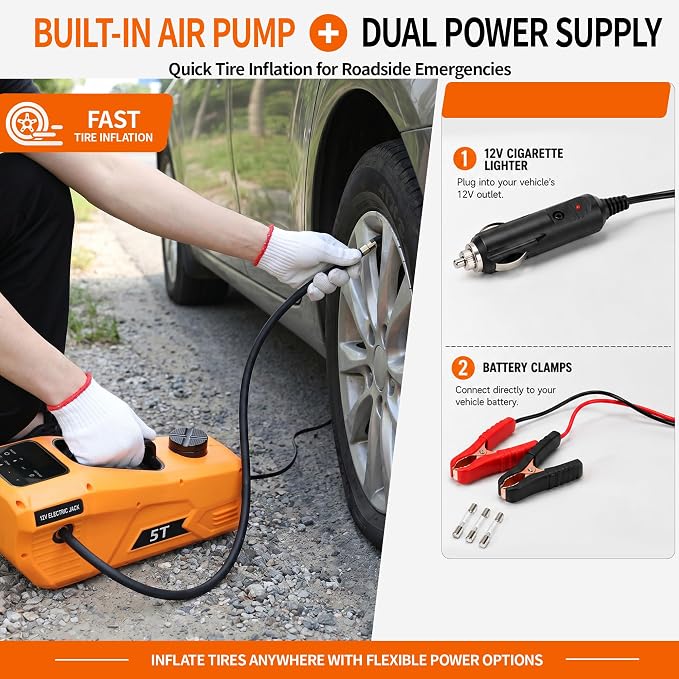 Electric Car Jack 5 Ton 12V Hydraulic Jack Lift with Impact Wrench Touch Screen Tire Inflator Pump Wireless Remote 3 Mode LED Light for Roadside Tire Change Cars Sedans SUVs MPVs Trucks