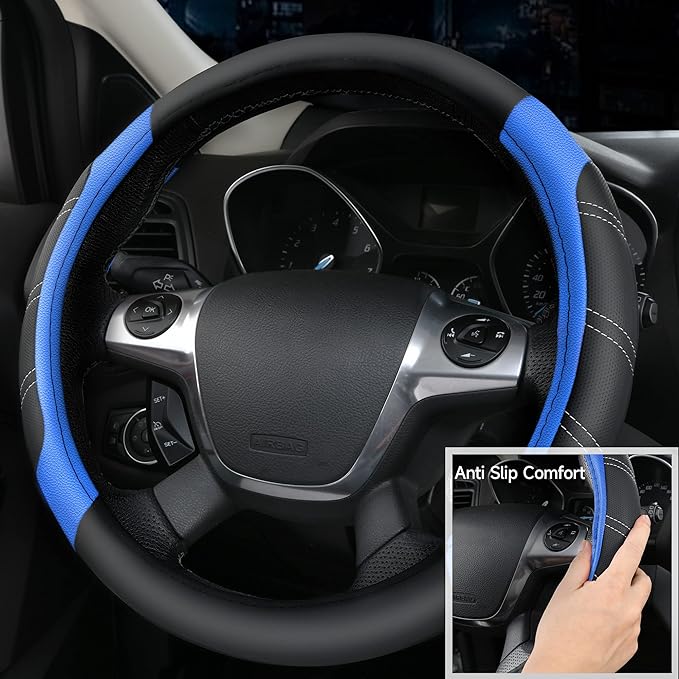 Leather Steering Wheel Cover and Waterproof Car Floor Mats,Microfiber Universal Car Combo Fit for 95% Sedan,SUV,Cars,14.5-15inch Sporty Anti-Slip Safety Comfortable Design(Black＆Blue)