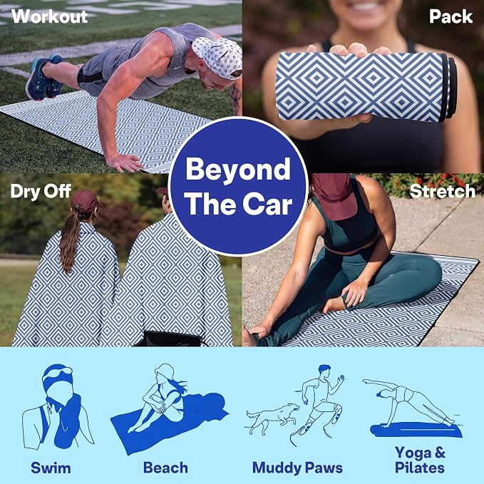 2 Pack Car Seat Towel Covers, Sweat Protector for Front Seats, Premium Thickened Microfiber with Boho Geometric, Breathable & Quick Dry, Slip-on Headrest Pocket for Gym, Beach, Running (Royal Blue)