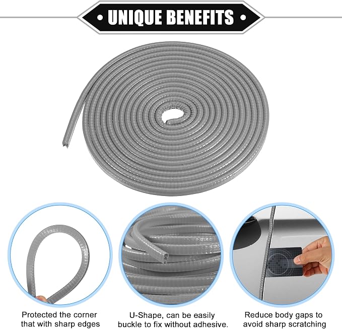 Car Door Edge Guard, 16.4ft U Shape Rubber Edge Trim Seal Strip Protector Universal for Car Truck ATV Boat Multifunctional No Glue PVC Iron Gray