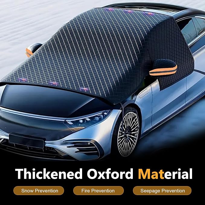 Car Windshield Sun Shade, Thickened Windshield Snow and Sun Cover with Side Window & Rearview Mirror Protector, Scratch-Resistant Aluminum Foil Sun Shade with Anti-Theft Straps (Black)