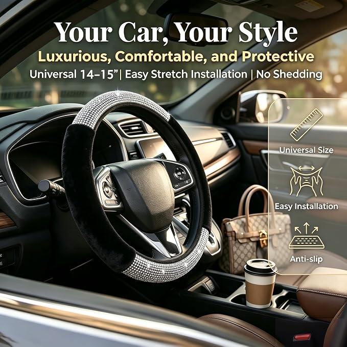 Bling Steering Wheel Cover Black Fluffy Rhinestone for Women Girls | White Diamond Elastic Car Steering Wheel Accessories Sparkling Fur Steering Wheel Protector Warm Universal Fit 14-15 inch