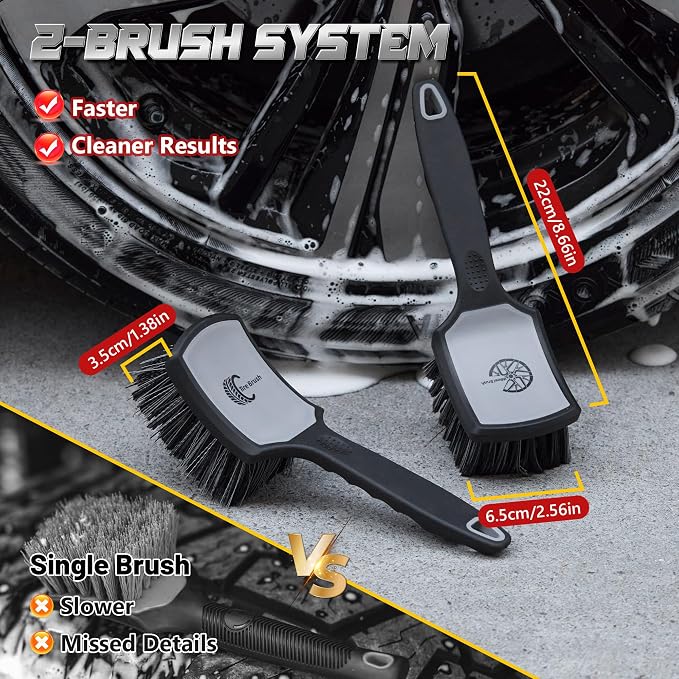 Wheel & Tire Brush Set, 2 Pack Car Wheel Brush & Tire Cleaner Brushes, Soft Bristle Rim Brush and Stiff Tire Scrub Brush, Scratch-Free Wheel Cleaning Kit for Car Detailing, Trucks, SUVs