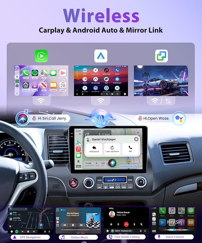 10.1 Inch Android 15 Car Stereo for Honda Civic 2006-2011, Wireless CarPlay & Android Auto, 5GHz WiFi GPS, Touchscreen, Bluetooth/FM/RDS SWC + AHD Backup Camera