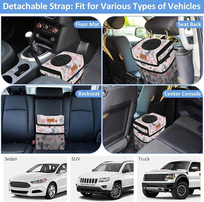 Car Trash Can Bin for Back Seat Leak Proof, Cute Car Trash Bag Hanging, Vehicle Trash Can for SUV Truck Van, Automotive Garbage Cans Front Seat Flamingos, 2 Gallons