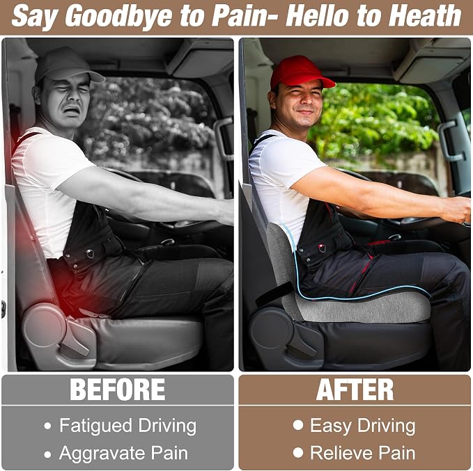 Truck Seat Cushion, Memory Foam Trucker Seat Cushion for Truck Driver Long Sitting with Adjustable Strap, Back Support and Pain Relief for Trucker Driving Car Office Chair and Pain
