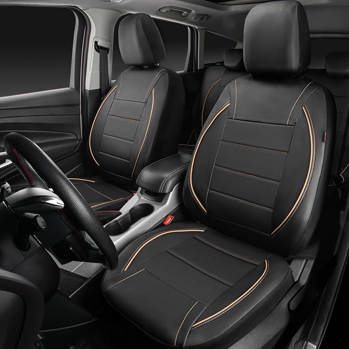 Universal FIT Piping Leather Car Seat Cover, for suvs,Van,Trucks,Airbag Compatible,Inside Zipper Design and Reserved Opening Holes (Full Set, Black and Beige)