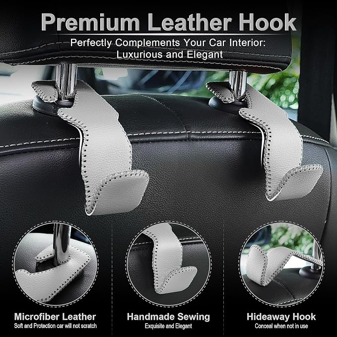 Gray Superior Leather Car Seat Back Headrest Hook, Auto Seat Hook Hangers Interior Accessories for Purse Coats Umbrellas Grocery Bags Handbag, 2-Pack