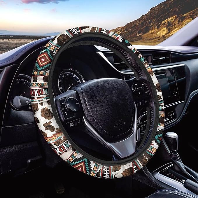 Car Steering Wheel Cover 15 Inch Universal Breathable Soft Anti-Slip Auto Accessories Steering Wheel Protector Fit for Most Vehicles, Aztec Geometric Cow Print