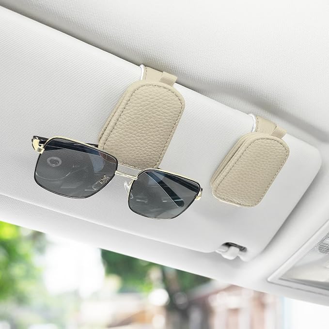 Sunglasses Holder for Car, Leather Magnetic Buckle Sun Visor Sunglass Clip, Ticket Card Storage Glasses Clip, Car Interior Accessories for Men and Women（2PCS Beige）