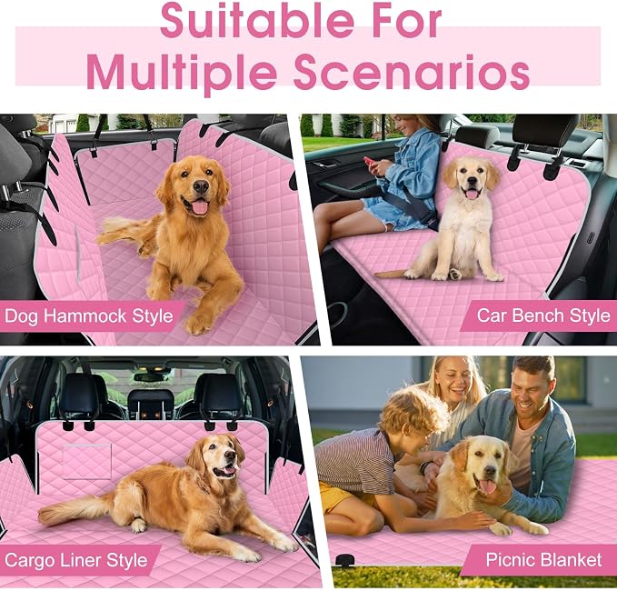 Waterproof Dog Car Seat Cover for Back Seat, Pet Hammock-S, Pink/Grey | Durable waterproof hammock with nonslip design & storage pockets. Protects seats from scratches, fits cars, SUVs & trucks.