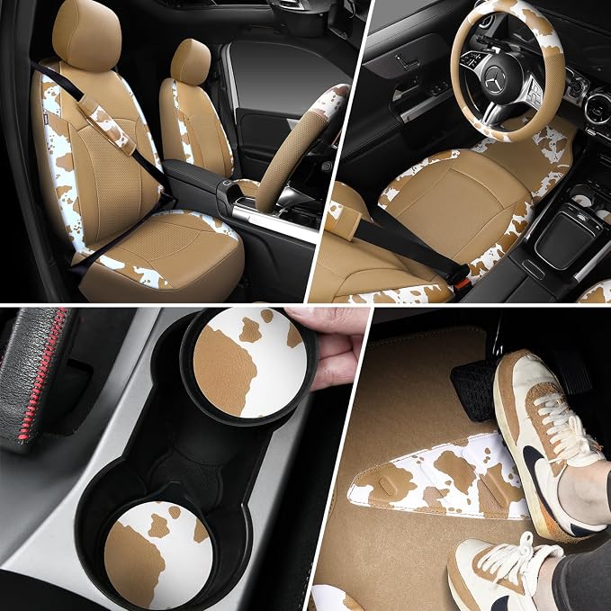 Cow Print Faux Leather Car Seat Covers & Cow Car Mats & Cow Steering Wheel Cover Seat Belt Pads Universal fit for SUV,Van,Saden,Truck Cute Car Accessories Automobile Interior Sets All Beige
