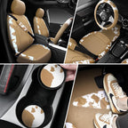 Cow Print Faux Leather Car Seat Covers & Cow Car Mats & Cow Steering Wheel Cover Seat Belt Pads Universal fit for SUV,Van,Saden,Truck Cute Car Accessories Automobile Interior Sets All Beige