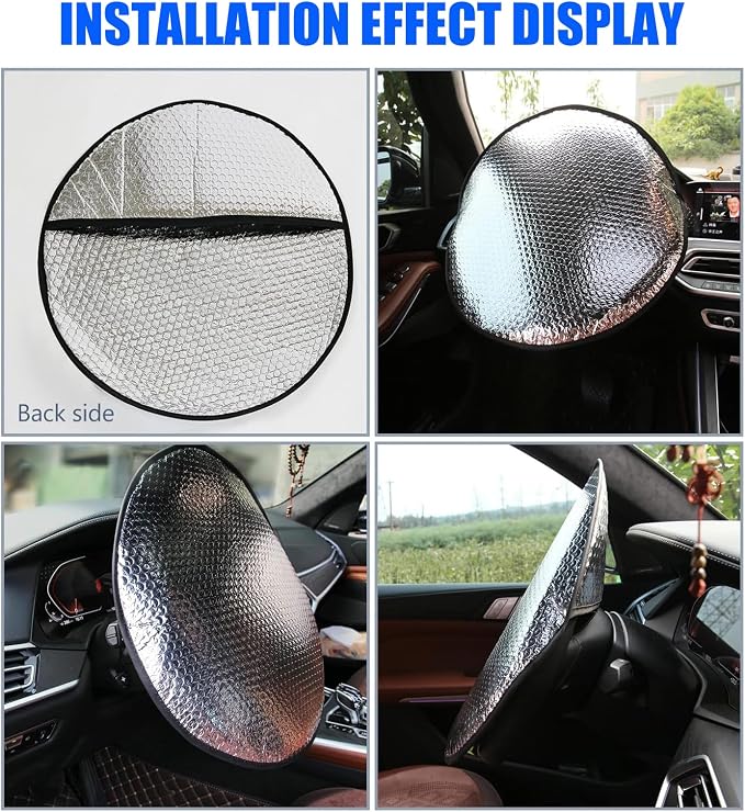 1 PC Aluminized Film Steering Wheel Cover Sunshade, 18.11" Polyester Cloth Edging Steering Wheel Sun Protection and Heat Shield, Slip-on Installation, Suitable for Most Models (Silver)