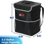 Waterproof Car Trash Can with Lid and Pockets, 2.5 Gal, Black | Leakproof, Collapsible Multipurpose Car Bin with 3 Side Storage Pockets, Adjustable Straps