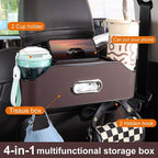 Back Seat Cup Holder for Car – Multifunctional Seat Back Organizer with Drink Holders, Tissue Box Storage & Hooks, Fits Headrest for Auto. (Brown)