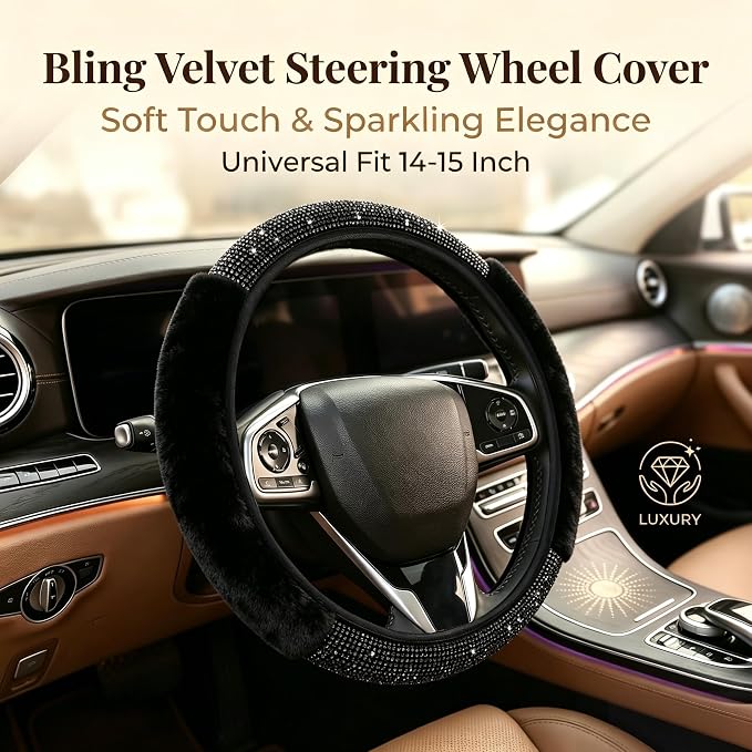 Black Bling Steering Wheel Cover Fluffy Rhinestone for Women Girls | Diamond Elastic Car Steering Wheel Accessories Sparkling Fur Steering Wheel Protector Winter Warm Universal Fit 14-15 inch