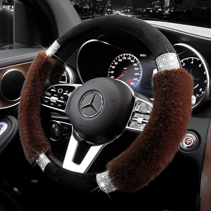 Rhinestone Fluffy Steering Wheel Cover - Comfortable Non-Slip Luxury Faux Wool, Universal Fit for 14.5" to 15" Steering Wheels