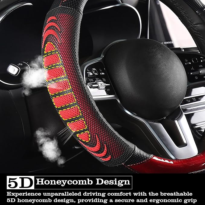 5D Honeycomb Black Red Car Steering Wheel Cover,14.5-15 Inch Universal Carbon Fibre Leather Covers Breathable Anti-Slip Odorless Steering Wheels Accessories for Men Women
